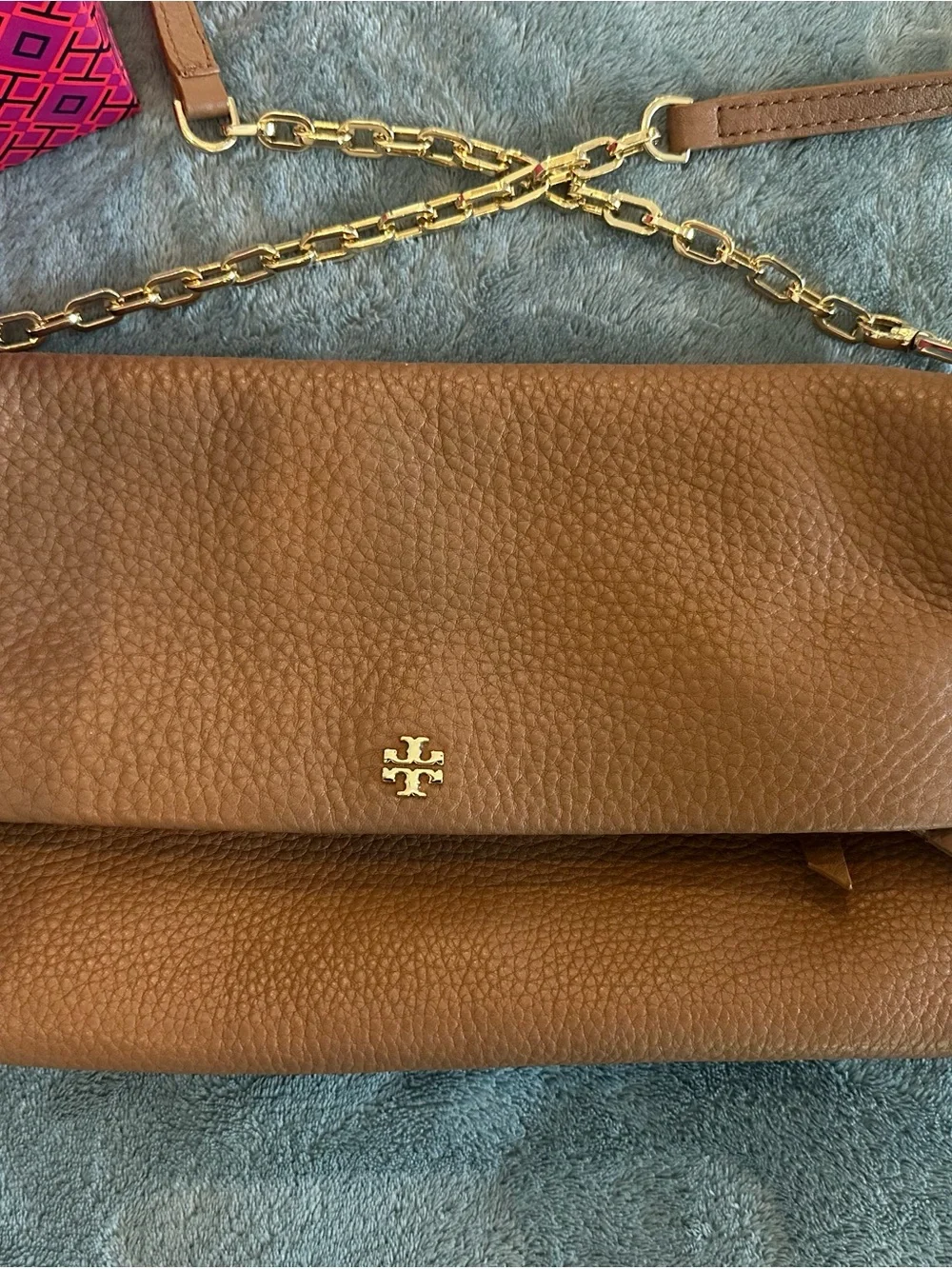 Tory Burch Brown Pebbled Leather Chain Strap Crossbody